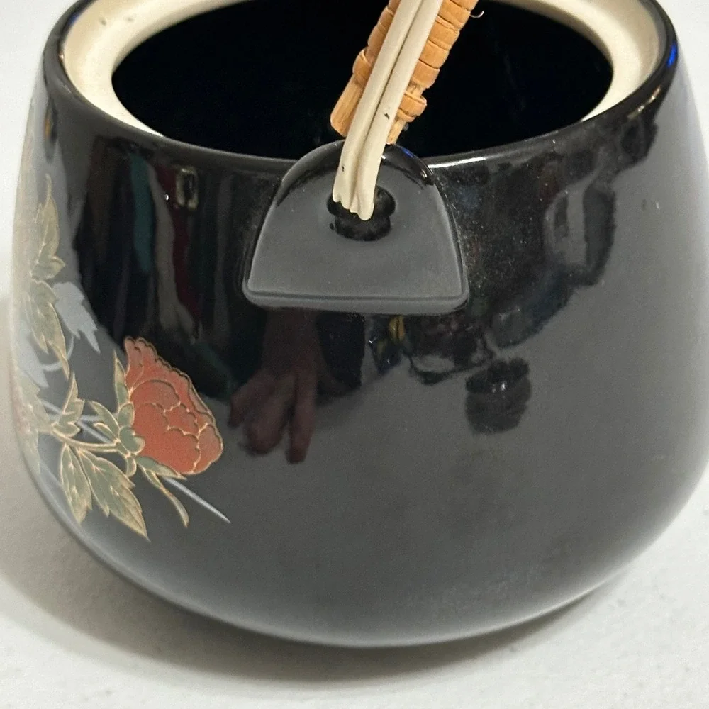 Japan Floral Peony Ceramic Teapot with Rattan Handle Black Vintage 4in